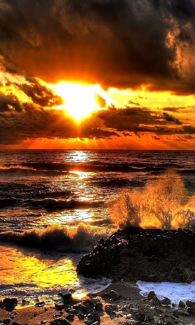 sunset beach, clouds, cool, new, ocean, sea, sun, water, waves, HD phone wallpaper