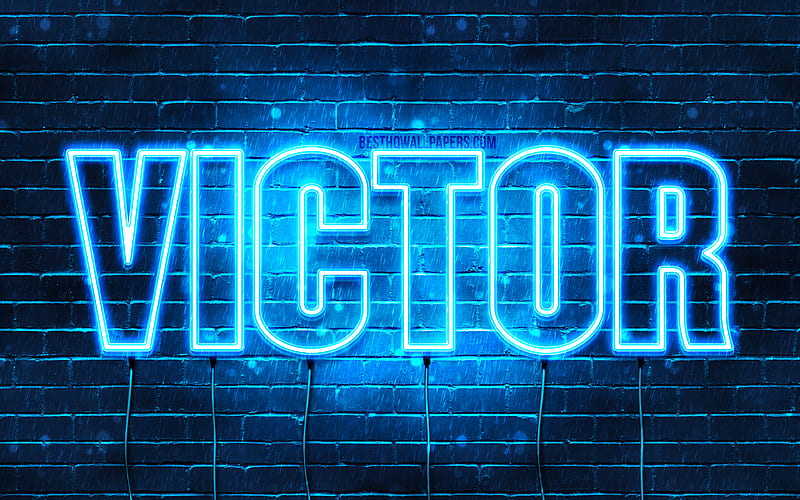 Victor with names, horizontal text, Victor name, blue neon lights, with Victor name, HD wallpaper