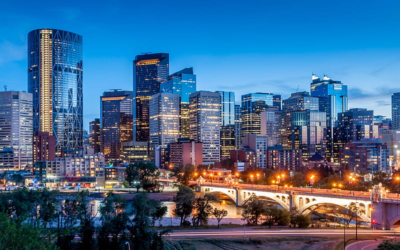 Calgary, skyscrapers, City Center I, evening, sunset, Calgary cityscape, Calgary skyline, Alberta, Canada, HD wallpaper