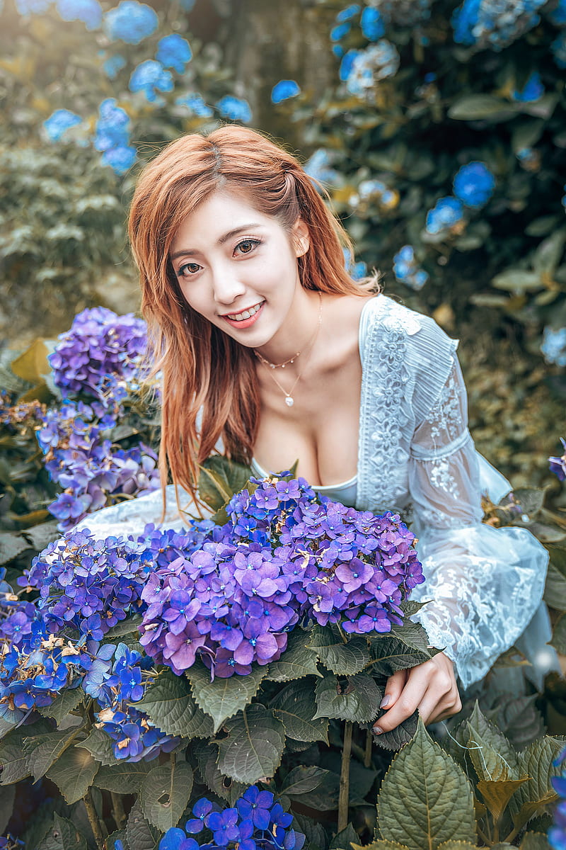 smiling, Asian, plants, flowers, women outdoors, women, HD phone wallpaper