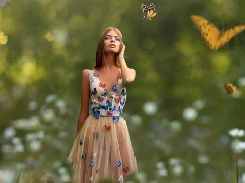 Flowers and Butterflies, etheral women, floral fashion, women are special, womens wardrobe, female trendsetters, album, the WOW factor, grandma gingerbread, surreal creative art, Store Envy, HD wallpaper