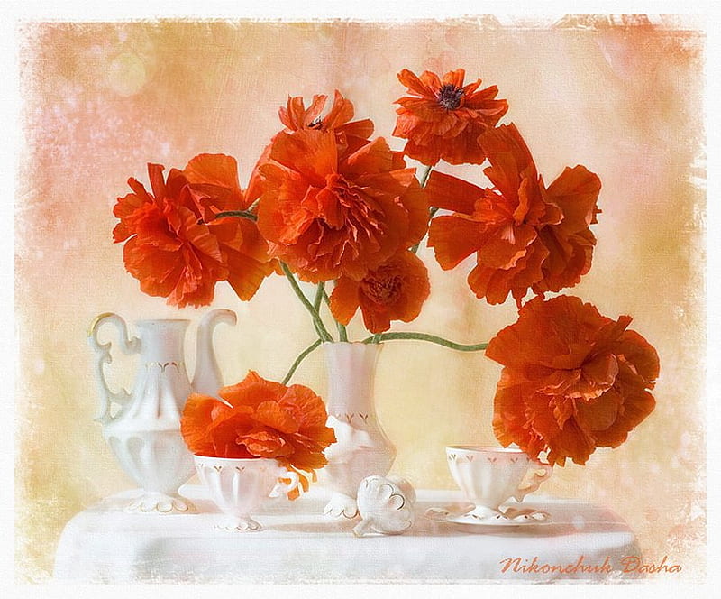 still life, red, poppy, orange, orange flowers, vase, bonito, coffee pot, teapot, tea cup, graphy, bouquet, cup, flowers, white, HD wallpaper