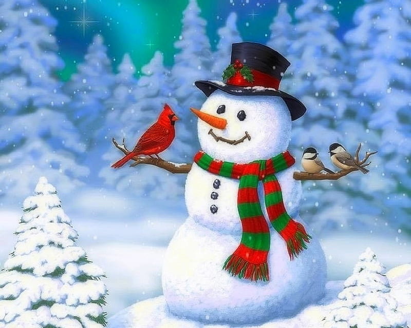 Christmas Snowman, holidays, white trees, Christamas, love four seasons, birds, attractions in dreams, snowman, xmas and new year, winter, chickadees, paintings, snow, cardinal, HD wallpaper