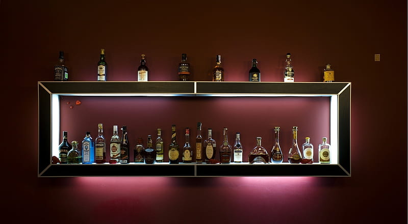 Bar, red, alkohol, shelf, liquor, booze, light, HD wallpaper