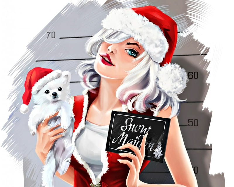 Snow maiden, red, lorri kajenna, craciun, christmas, woman, hat, santa, fantasy, girl, white, puppy, HD wallpaper