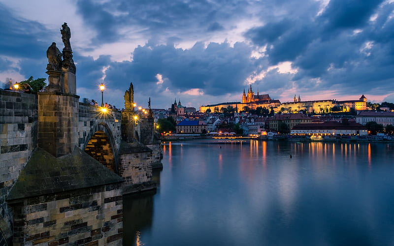 Charles Bridge, Prague, evening, sunset, landmark, Czech Republic, HD wallpaper