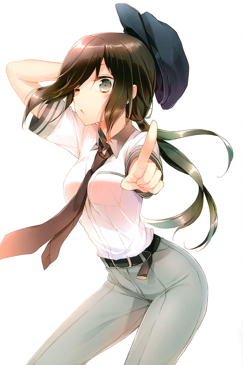 Kono Naka ni Hitori Imouto ga Iru!, anime girls, anime, dark hair, tie, hat, white background, finger pointing, gray eyes, ponytail, pants, Cuteg, HD phone wallpaper