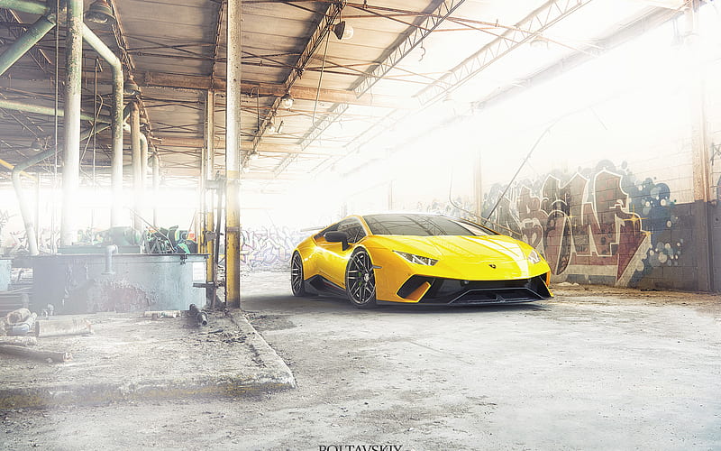 Lamborghini Huracan, supercars, tuning, 2018 cars, abandoned house, hypercars, yellow Huracan, Lamborghini, HD wallpaper