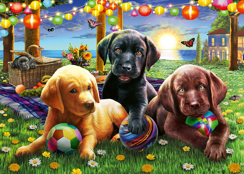 Puppy picnic, vara, adrian chesterman, garden, summer, caine, puppy, dog, art, picnic, ball, HD wallpaper