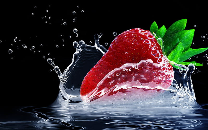 strawberry, water, splash, close-up, berries, HD wallpaper