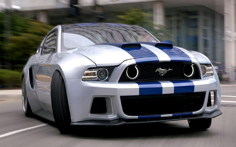 Ford Mustang, racing, shadow, windows, carros, mustang, glass, ford, car, tires, white, grill, blue, fast, HD wallpaper