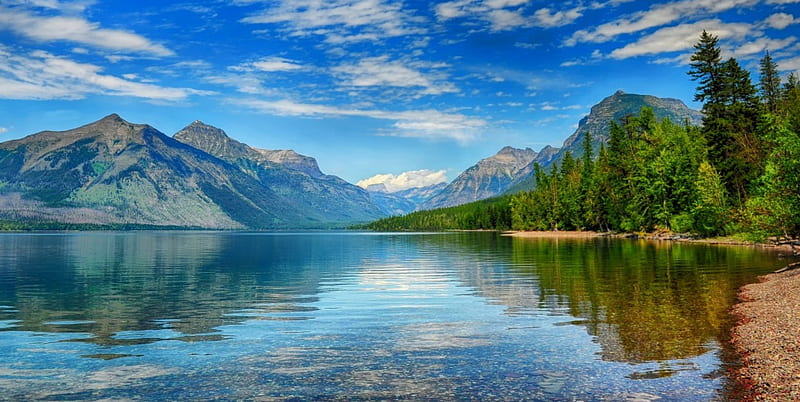 Lake McDonald, Montana, forest, bonito, sky, clouds, lake, Glacier National Park, mountain, summer, crystal waters, HD wallpaper