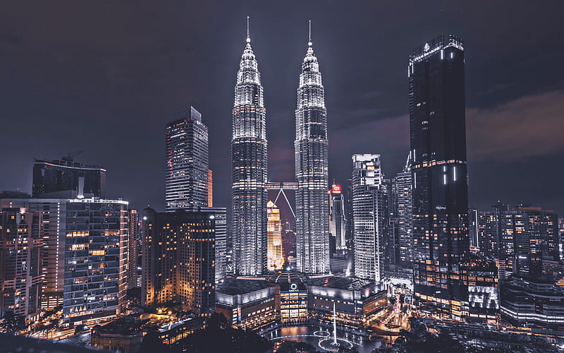 Petronas Towers nightscapes, skyscrapers, Kuala Lumpur, Malaysia, Asia, Petronas Towers at night, HD wallpaper