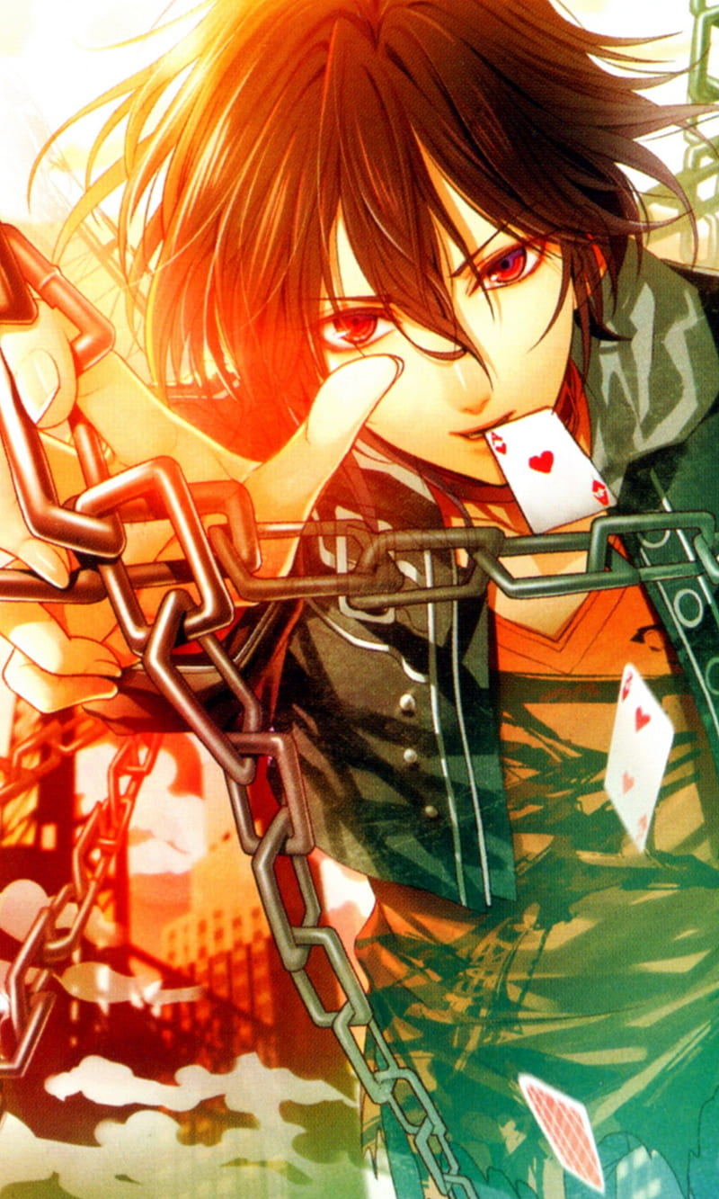 Ace Of Hearts, amnesia, bishounen, cards, chains, hoodie, otome, suits, sunset, HD phone wallpaper