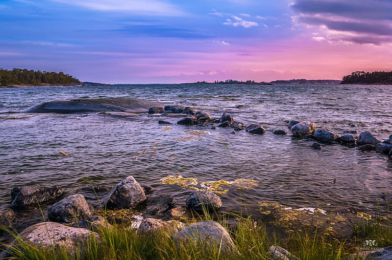 stones, water, horizon, sunset, sky, HD wallpaper