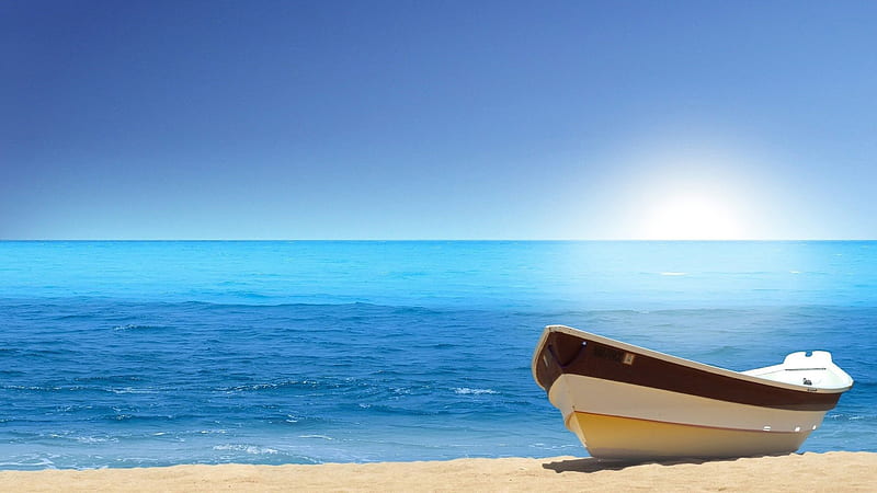 White Brown Boat On Beach Sand With Calm Body Of Water Beach, HD wallpaper