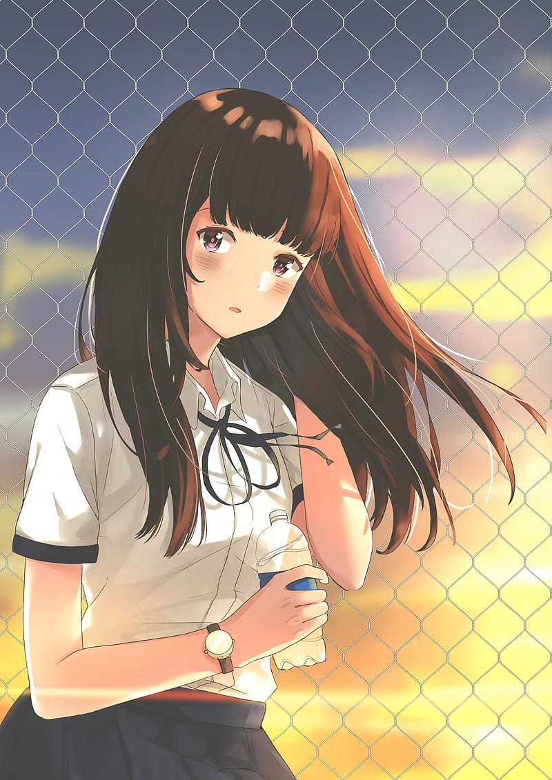 girl, uniform, fence, mesh, anime, HD phone wallpaper