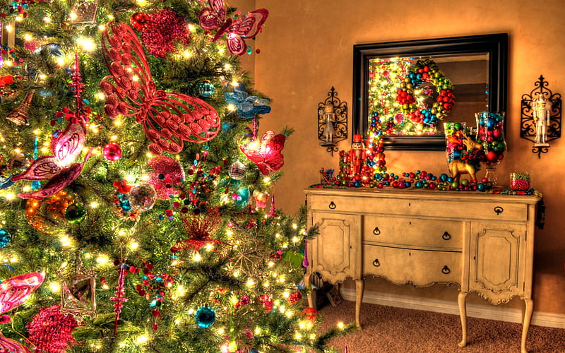 Christmas Tree, architecture, pretty, house, christmas balls, interior, magic, xmas, lights, magic christmas, beauty, reflection, lovely, holiday, christmas, houses, decoration, living room, new year, merry christmas, balls, colorful, home, bonito, christmas lights, graphy, ball, decorations, room, mirror, happy holidays, light, christmas decoration, colors, happy new year, HD wallpaper