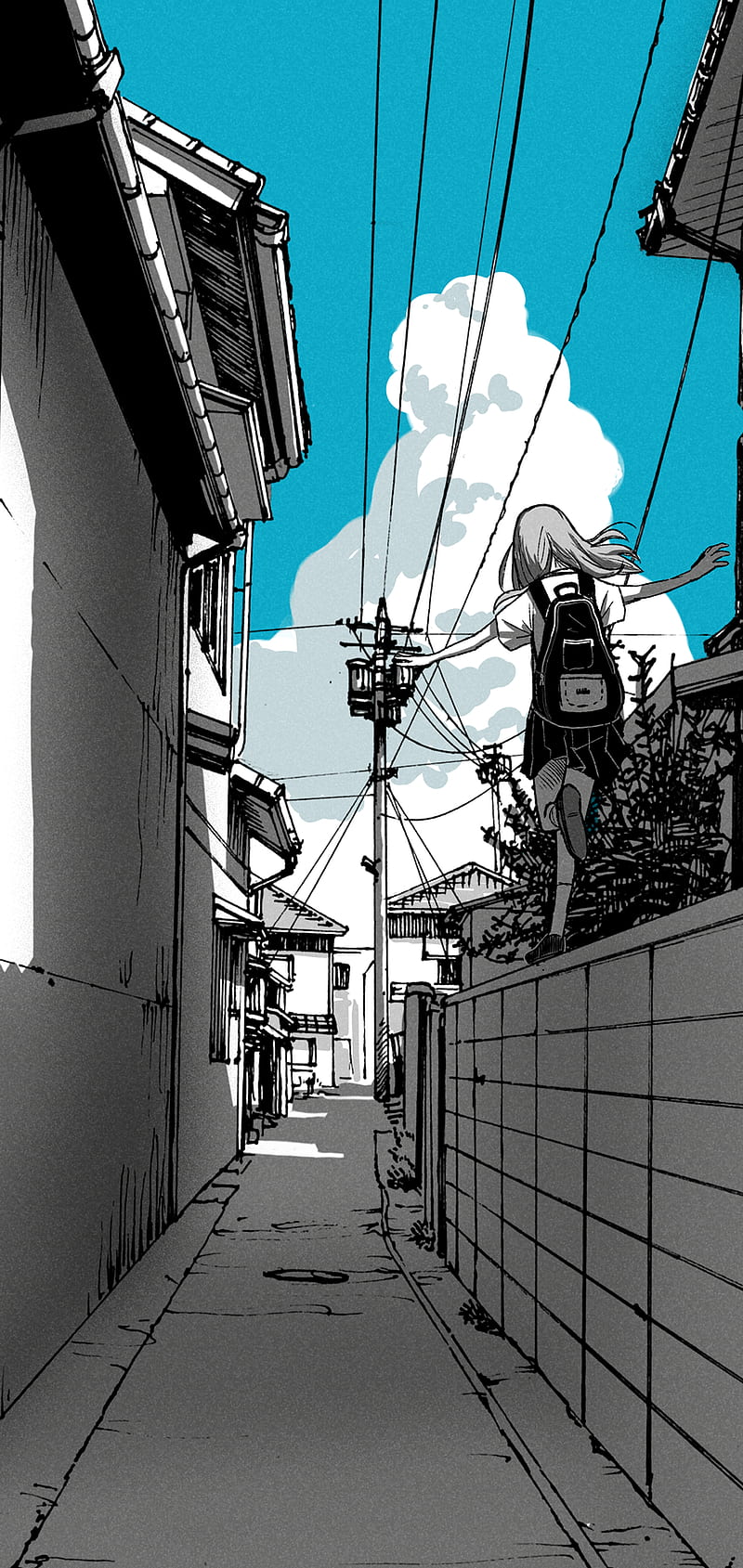 anime, manga, artwork, comic art, sky, clouds, blue, white, backpacks, HD phone wallpaper