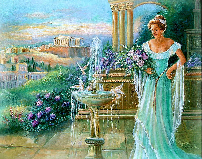 Antique Lady, painting, greece, woman, buildings, HD wallpaper | Peakpx