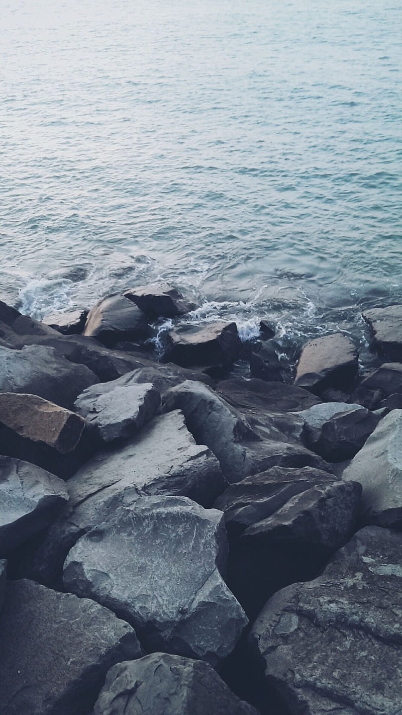 rocky shore, relax, rocks, sea, HD phone wallpaper