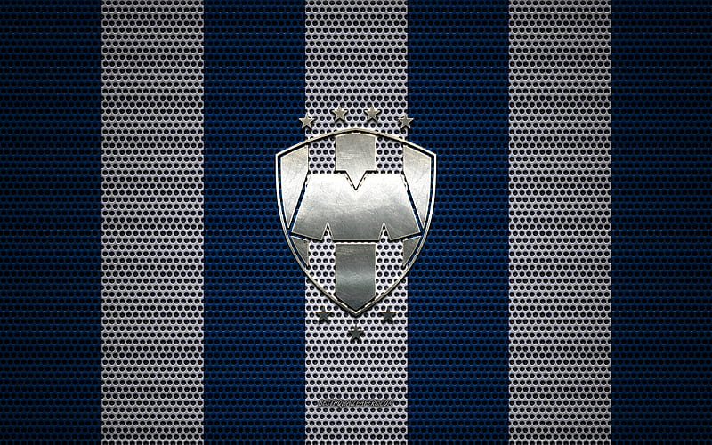 CF Monterrey logo, Mexican football club, metal emblem, blue white metal mesh background, CF Monterrey, Liga MX, Monterrey, Mexico, football, HD wallpaper