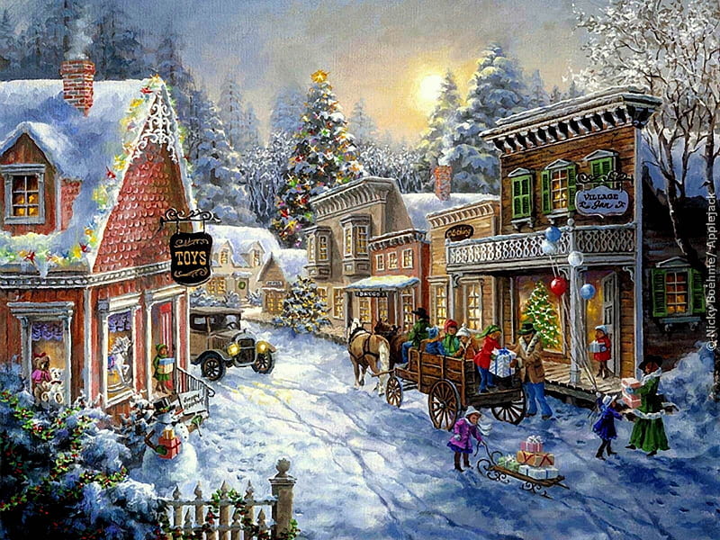 Gentle night, art, tree, craciun, christmas, village, painting, winter, street, pictura, HD wallpaper
