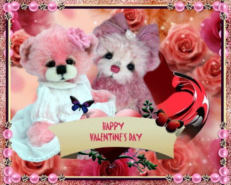happy valentine, valentines day, red, valentine, framed, teddybear, reddy, friendship, love, pink, HD wallpaper