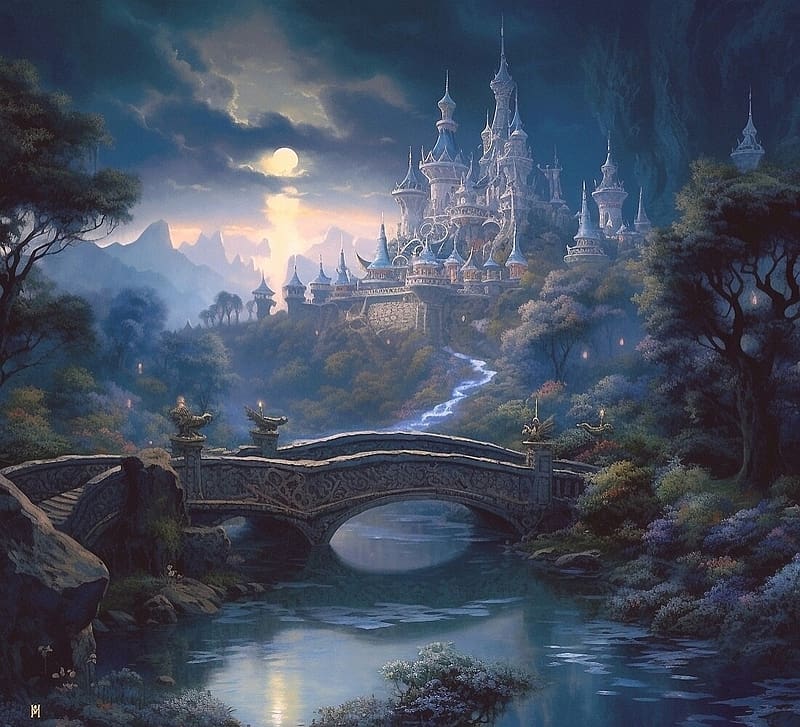 The bridge to the castle, night, moon, fantasy, art, bridge, castle, marion marino, water, luna, HD wallpaper