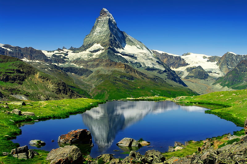 The Matterhorn mountain, rocks, shore, bonito, snowy, mirrored, mountain, nice, calm, cliffs, peak, reflection, gorgeous, amazing, lovely, clear, sky, lake, water, Matterhorn, crystal, HD wallpaper