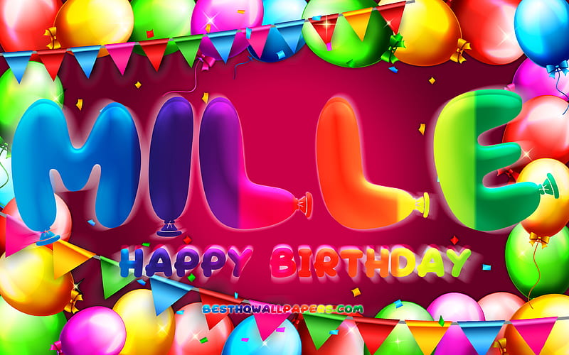 Happy Birtay Mille colorful balloon frame, Mille name, purple background, Mille Happy Birtay, Mille Birtay, popular danish female names, Birtay concept, Mille, HD wallpaper