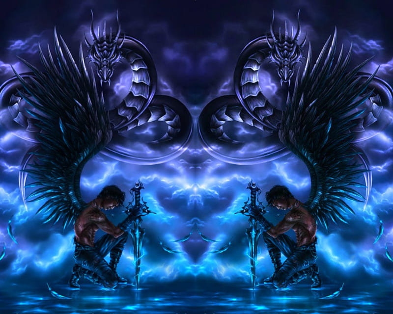 Angles, fantasy, wings, angel, man, sword, HD wallpaper