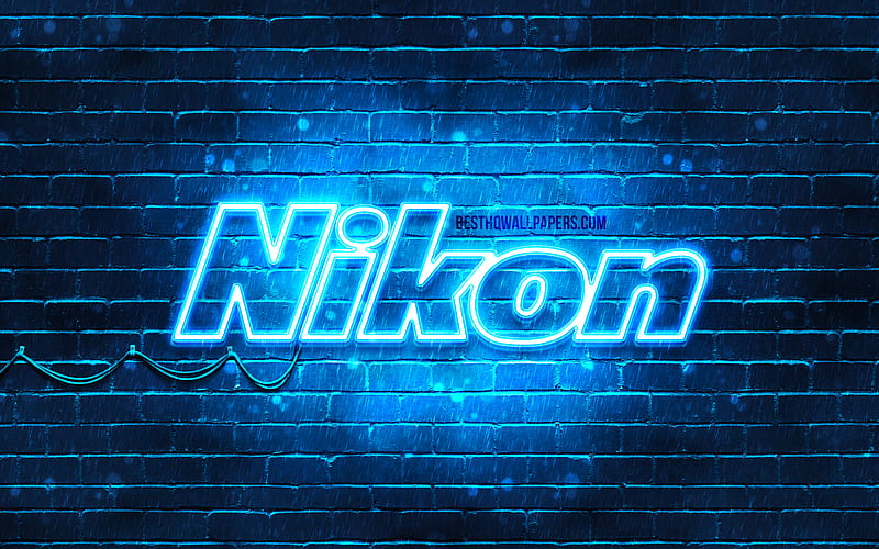 Nikon blue logo blue brickwall, Nikon logo, brands, Nikon neon logo, Nikon, HD wallpaper