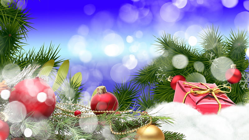 Snowy Christmas, feliz navidad, christmas, shine, bokeh, snow, decorations, bright, fir, gifts, blue, spruce, HD wallpaper