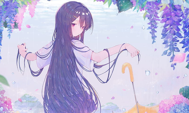 beautiful anime girl, school uniform, raining, purple lavender, long hair, Anime, HD wallpaper