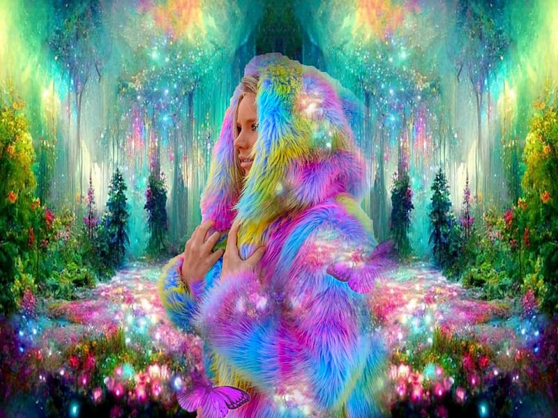 Color Blast Enchanted 1, vibrant, girl, butterflies, purple, pink, vivid, bright, yellow, green, bold, trees, flowers, forest, blue, colorful, magical, coat, enchanted, HD wallpaper