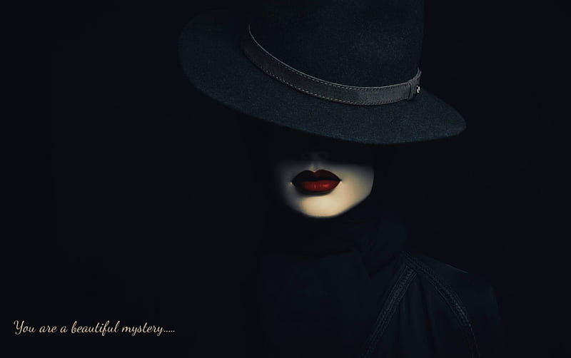 You are a beautiful mystery, mystery, lips, quote, hat, HD wallpaper