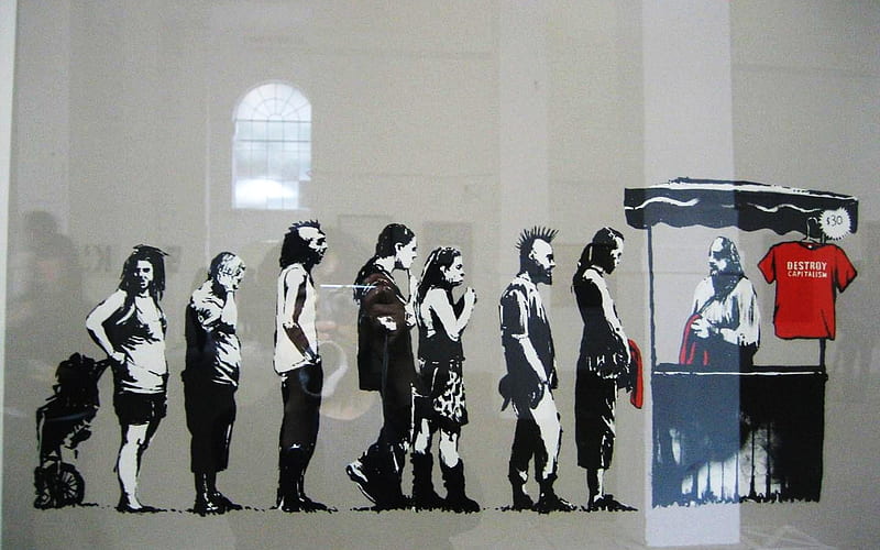 Banksy Destroy Capitalism, art, banksy, capitalism, anarchy, destory, graffiti, punk, HD wallpaper