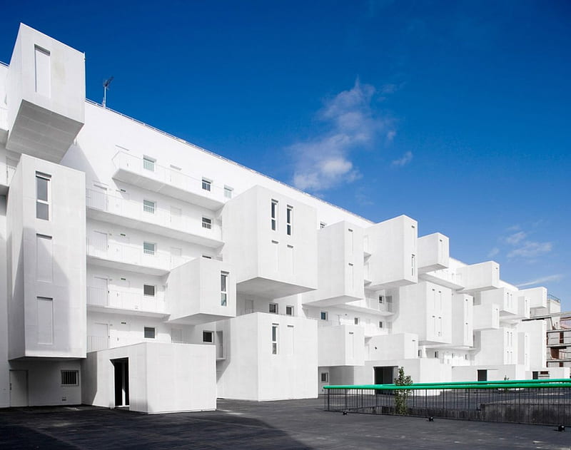 Architectural housing design, sky, white, condos, blue, HD wallpaper