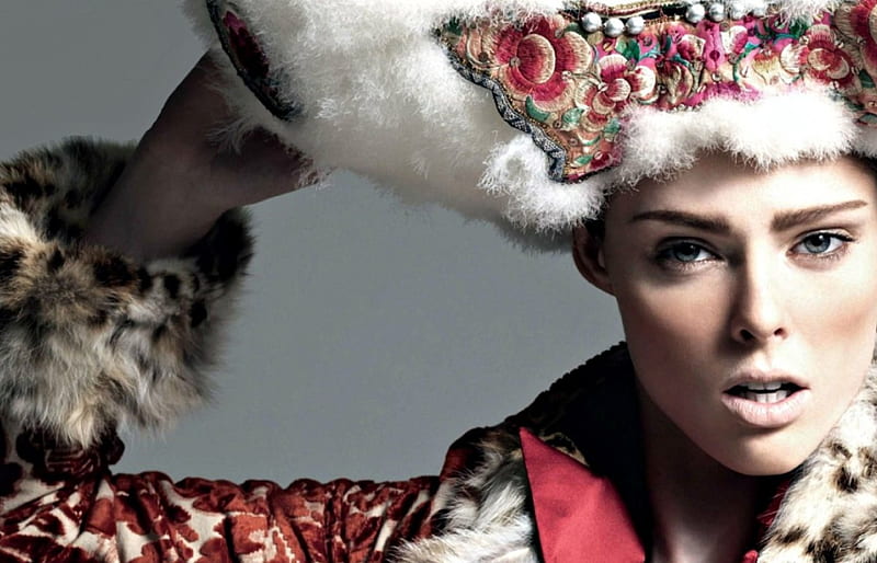 Coco Rocha, model, woman, winter, hat, girl, white, pink, fur, HD wallpaper