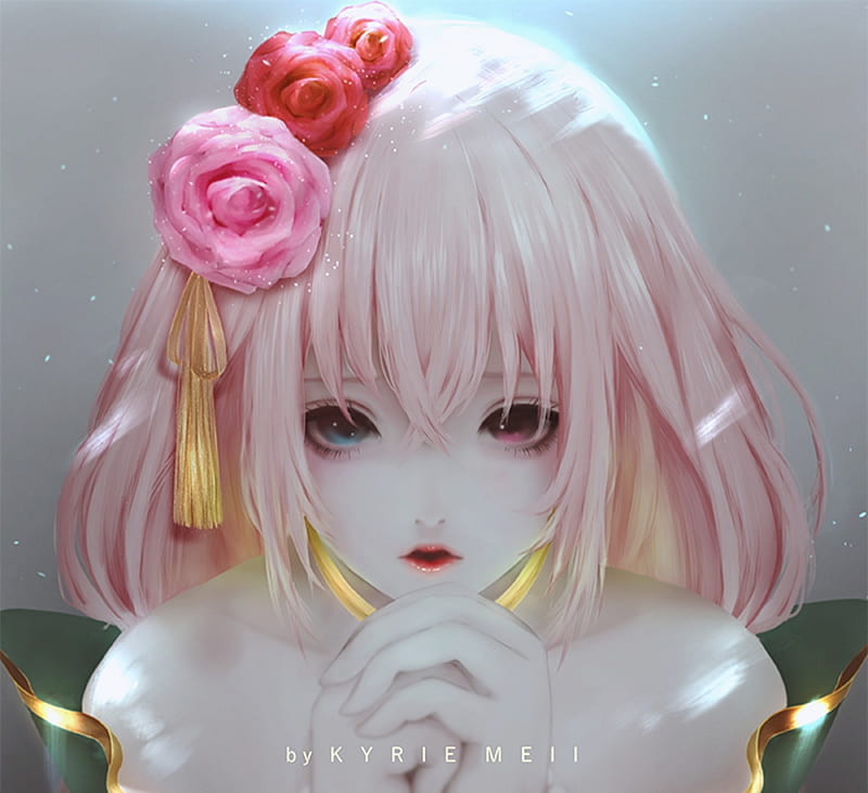 Girl, fantasy, kyrie meii, luminos, flower, face, pink, HD wallpaper