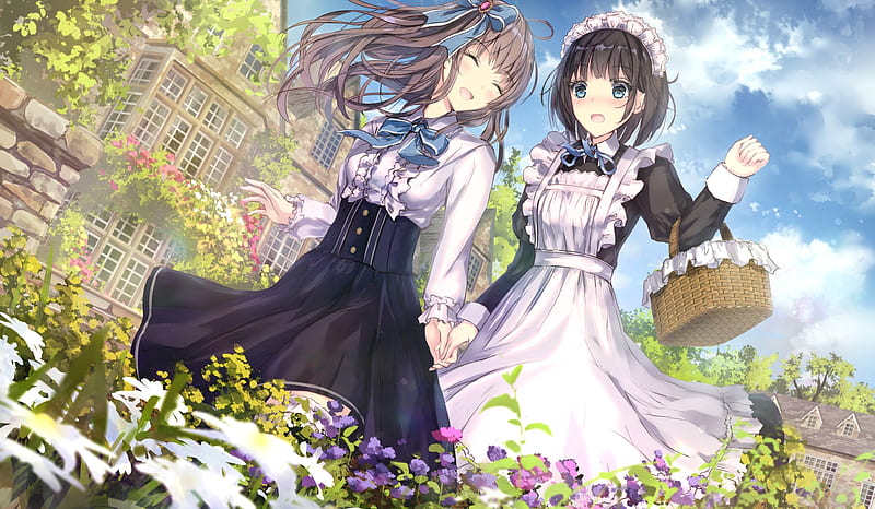 maid outfit, garden, anime girls, flowers, smiling, friends, holding hands, Anime, HD wallpaper