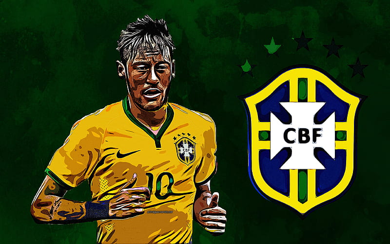 Neymar Jr grunge art, Brazil national football team, portrait, emblem, logo, creative art, green grunge background, Brazil, HD wallpaper