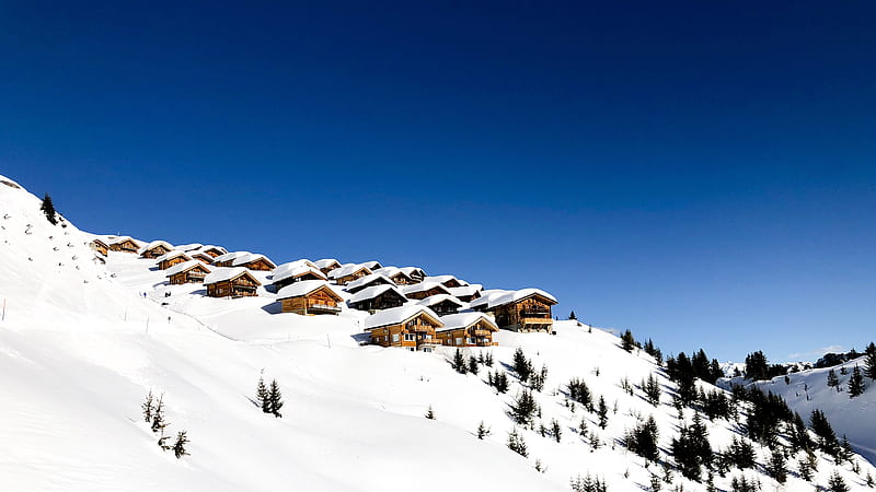 snow covered mountain with houses and trees during daytime, HD wallpaper