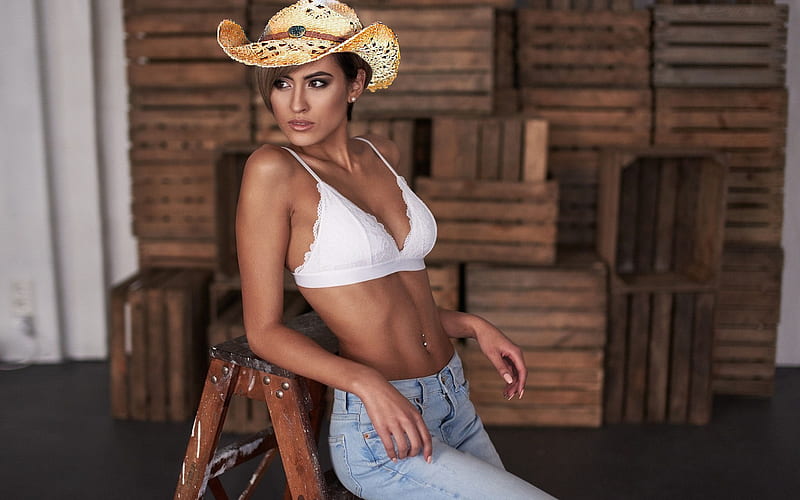 Barn Work . ., hats, cowgirl, lingerie, ranch, ladder, brunettes, boxes, crates, style, western, HD wallpaper