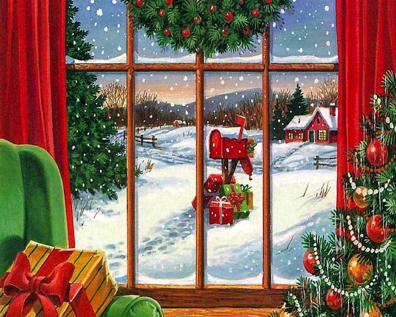 The Window, holidays, post box, christmas, snow, presents, winter, HD wallpaper