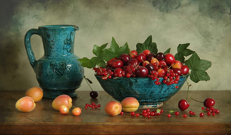 fruit, still life, red, apricot, vase, bowl, cherry, blue, HD wallpaper