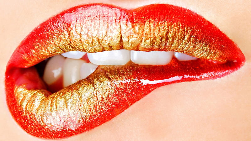 bite your lips, red, gold, female, mouth, lips, lipstick, kiss, teeth, HD wallpaper