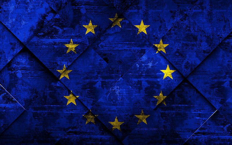 Flag of European Union grunge art, rhombus grunge texture, EU flag, Europe, international organizations, European Union, creative art, HD wallpaper