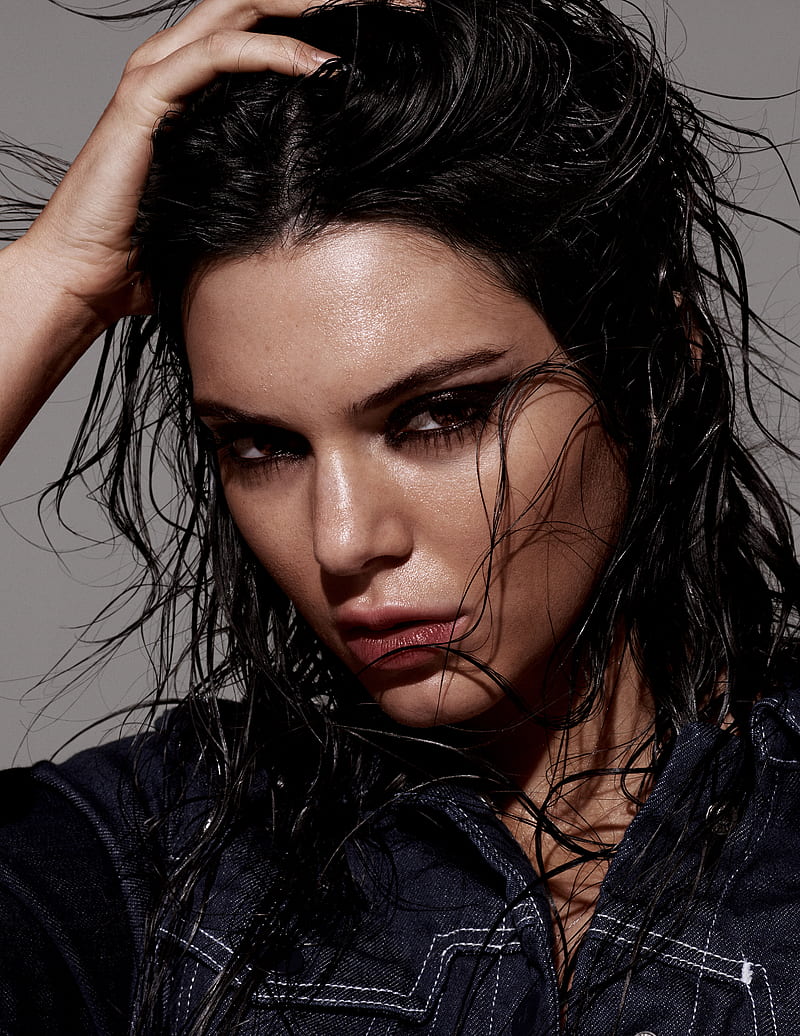 Kendall Jenner, women, model, dark hair, wet, face, simple background, HD phone wallpaper